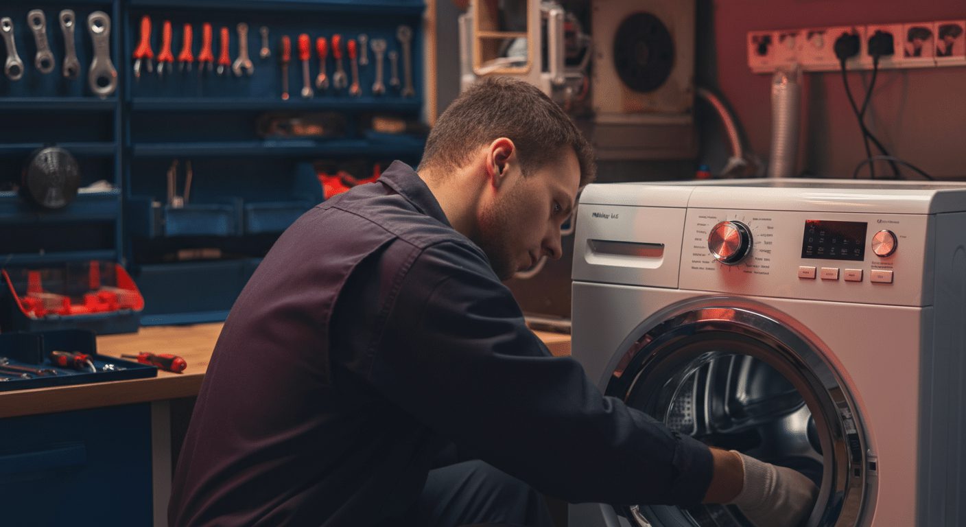 Técnico conserta máquina de lavar em oficina organizada, ajoelhado e com a mão no tambor. Ferramentas estão penduradas e sobre a bancada. Ambiente equipado com tomadas e fios.