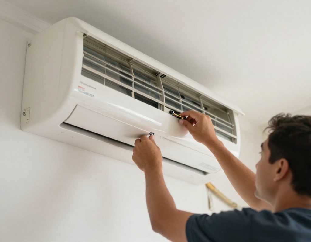 homem instalando ar condicionado na parede, segurando unidade interior, parafusos visíveis