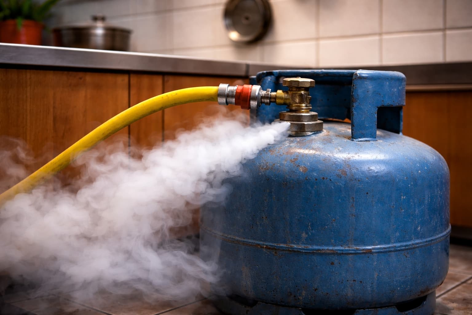 gás de cozinha azul vazando