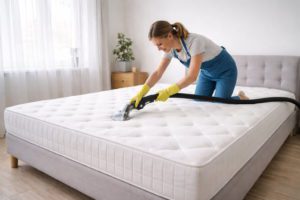 mulher limpando o colchão