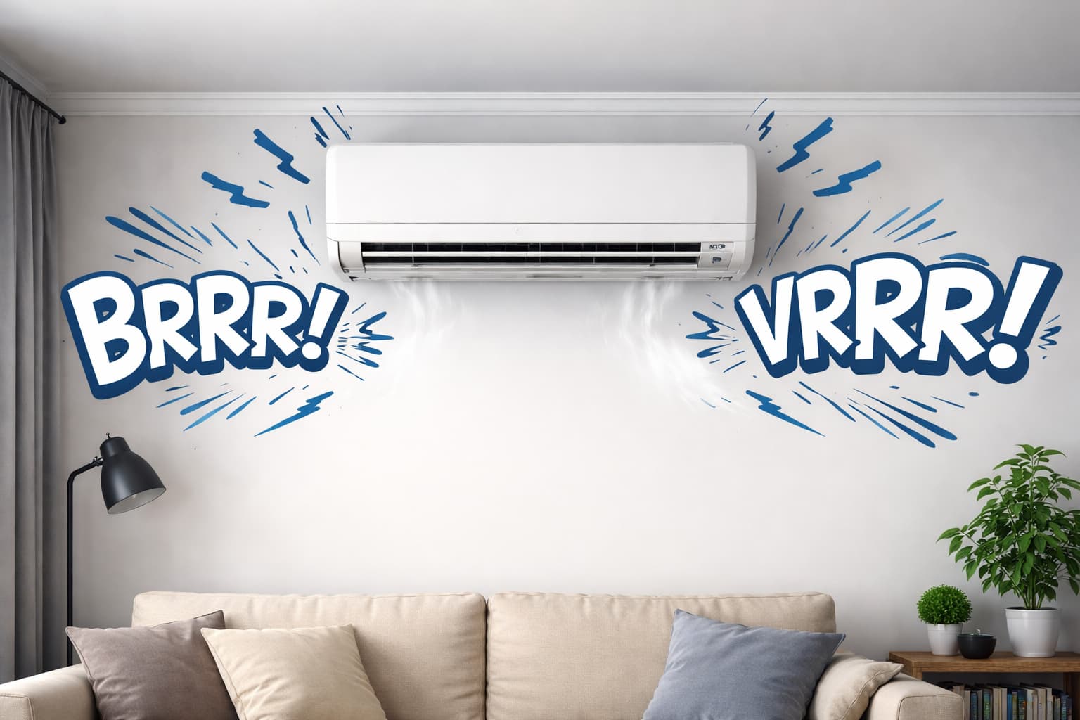 ar-condicionado na parede fazendo barulho com onomatopeias