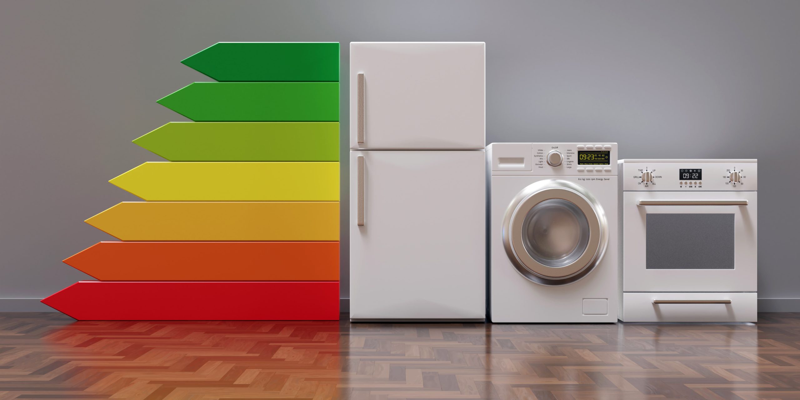três eletrodomesticos comuns ao lado de uma tabela de eficiencia energética