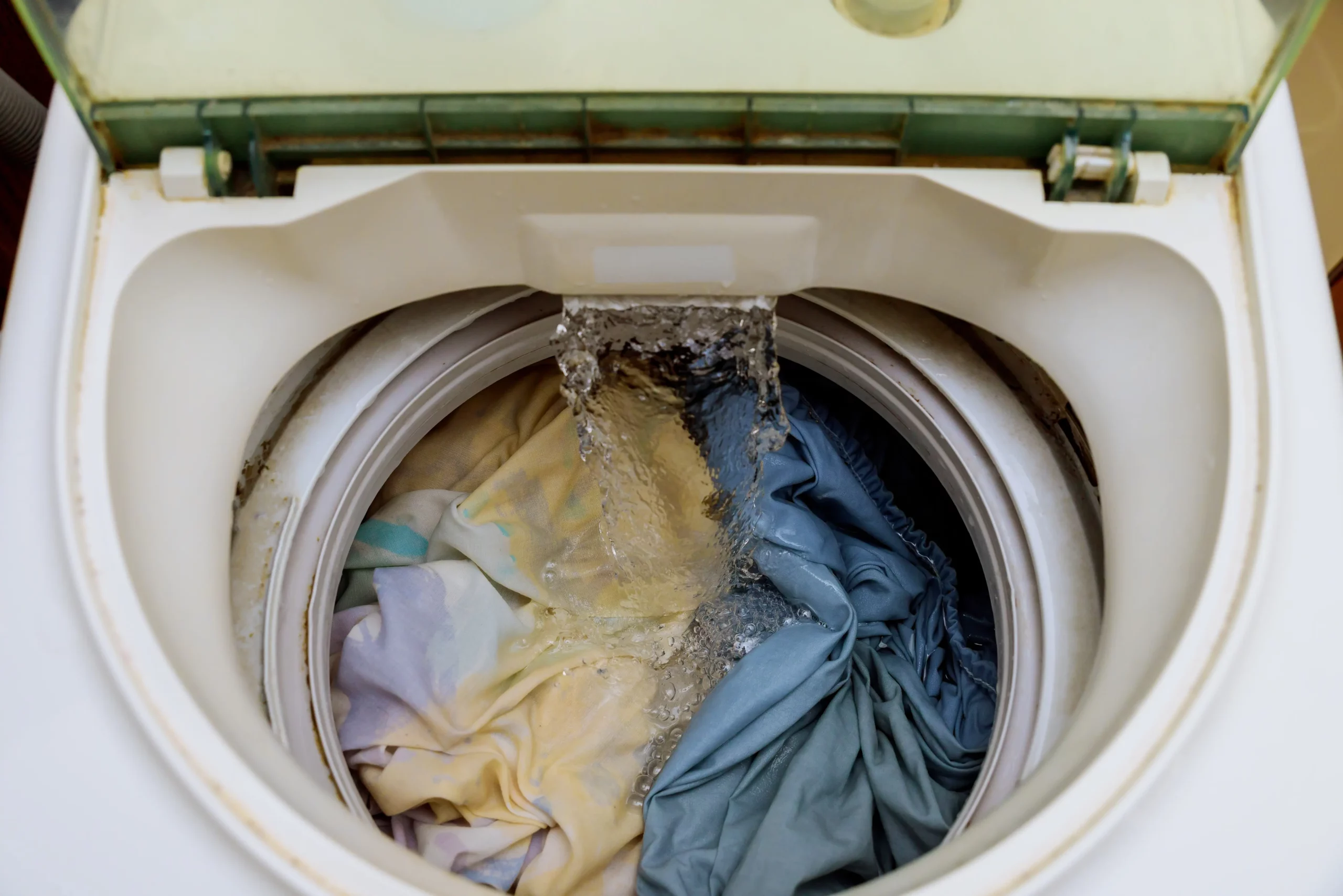 Vista interna de uma máquina de lavar aberta, com água corrente caindo sobre roupas coloridas dentro do tambor.