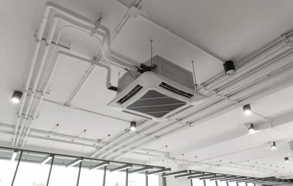Teto de ambiente corporativo com sistema de ar-condicionado central instalado, mostrando uma unidade de climatização tipo cassete, tubulações aparentes e luminárias modernas em um espaço interno amplo e iluminado.