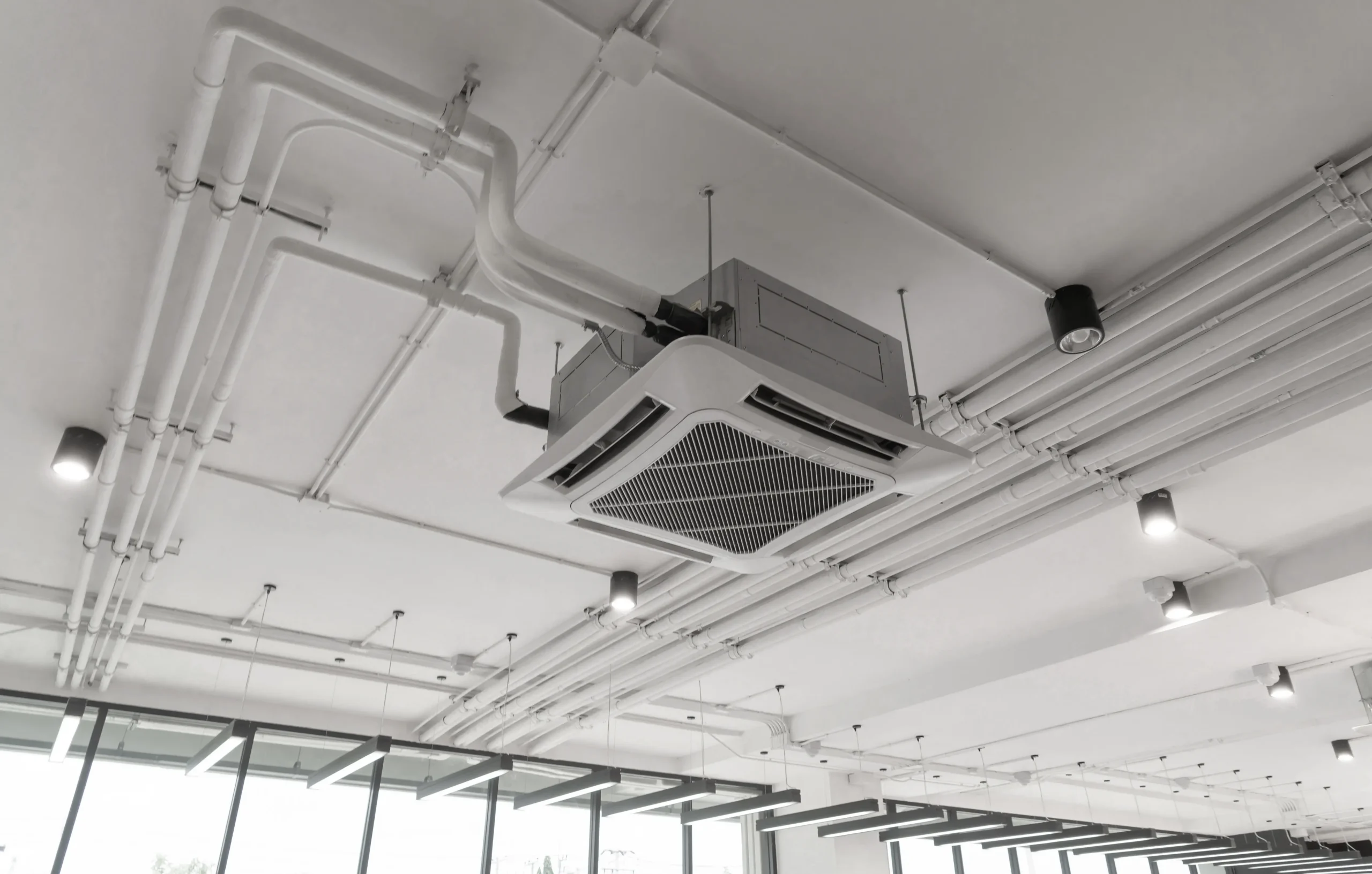 Teto de ambiente corporativo com sistema de ar-condicionado central instalado, mostrando uma unidade de climatização tipo cassete, tubulações aparentes e luminárias modernas em um espaço interno amplo e iluminado.