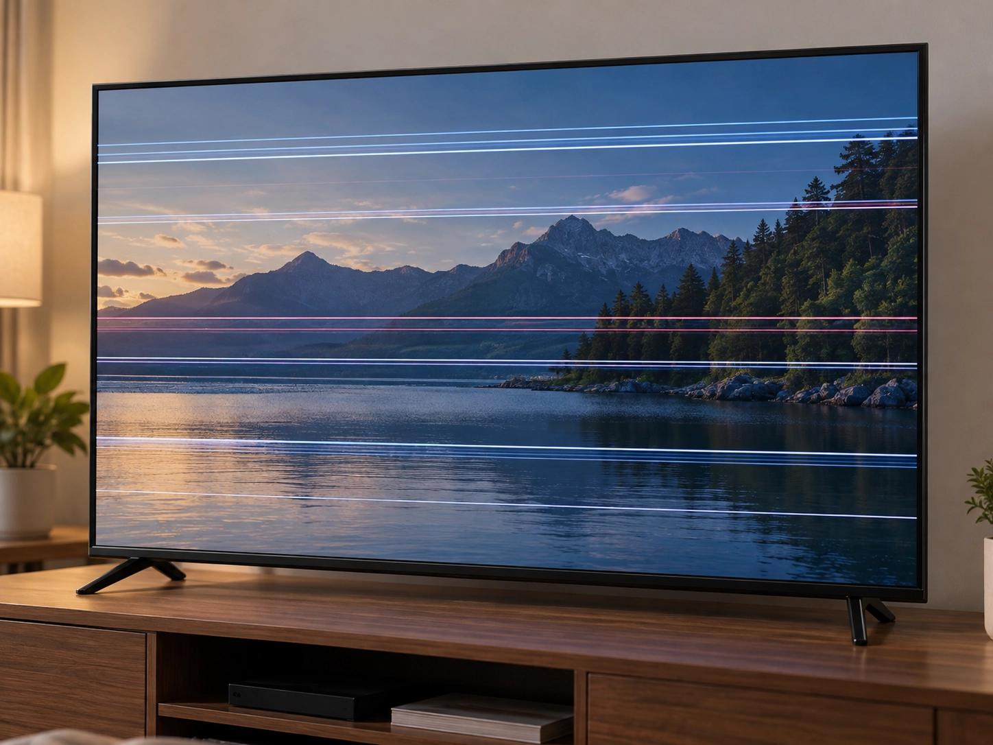 Televisão de tela plana apresentando linhas horizontais coloridas na tela, indicando possível defeito na imagem, posicionada sobre um móvel de madeira em uma sala de estar.