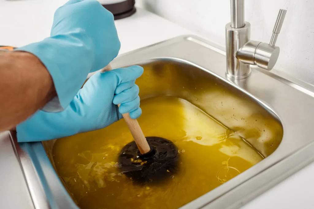 Pessoa usando luvas azuis e um desentupidor para desobstruir o ralo de uma pia de cozinha com água acumulada.